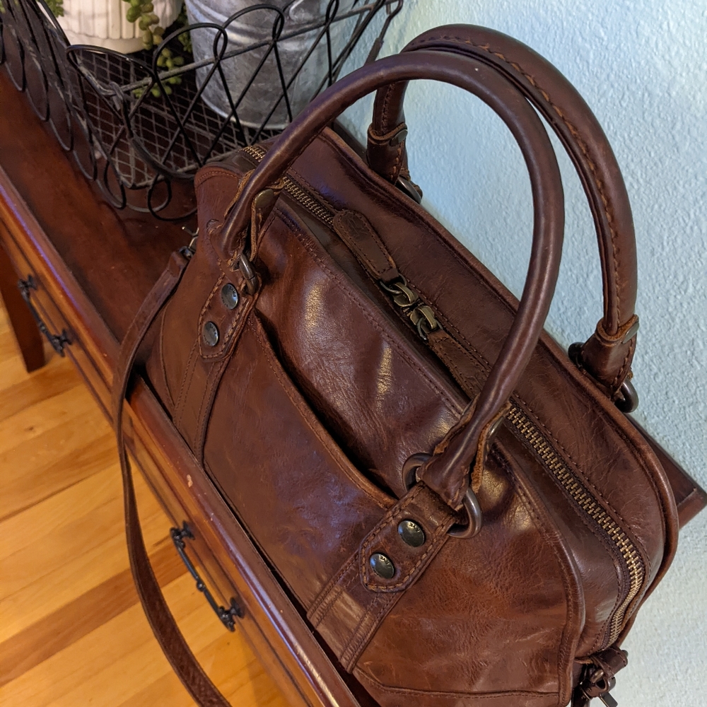 Frye Domed Satchel Leather Handbag - Dark Brown - Picture 8 of 12